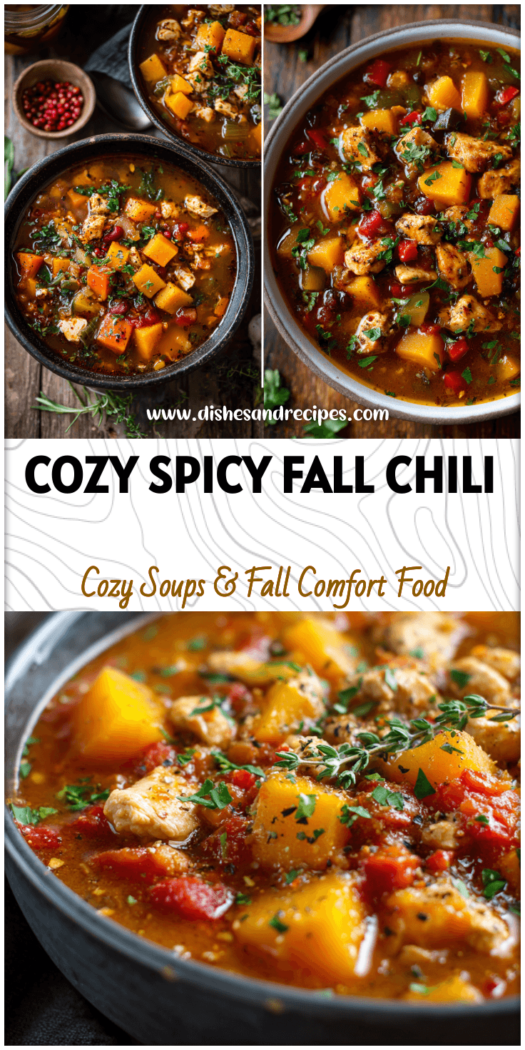 Bowl of spicy Butternut Squash Chicken Chili topped with herbs and served warm on a rustic table